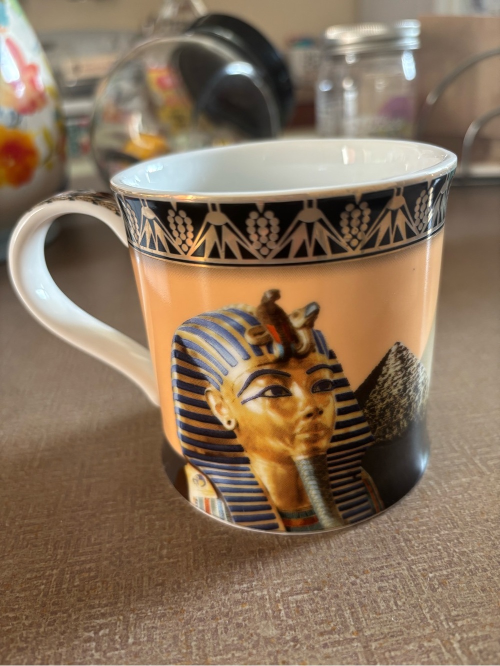 Egyptian Pharaoh Ceramic Coffee Mug in Peach and Blue